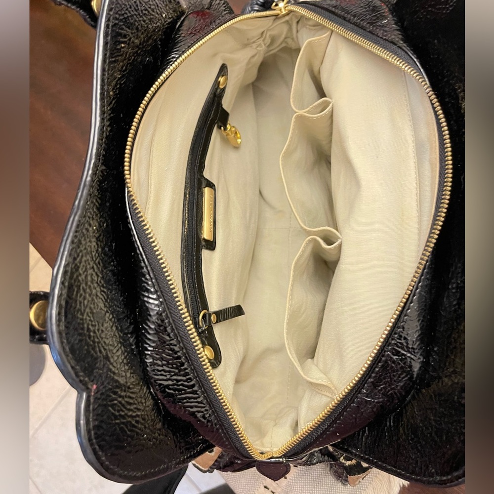 Isabella Fiore Tapestry Style Pattern Fabric & Black Patent Leather hand bag.